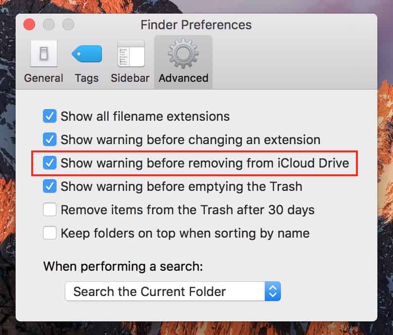 macOS Sierra Finder Preferences Advanced Tab showing remove from iCloud Drive warning option
