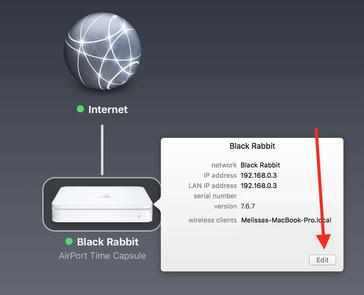 Airport Utility Edit button for accessing Time Capsule's archive feature