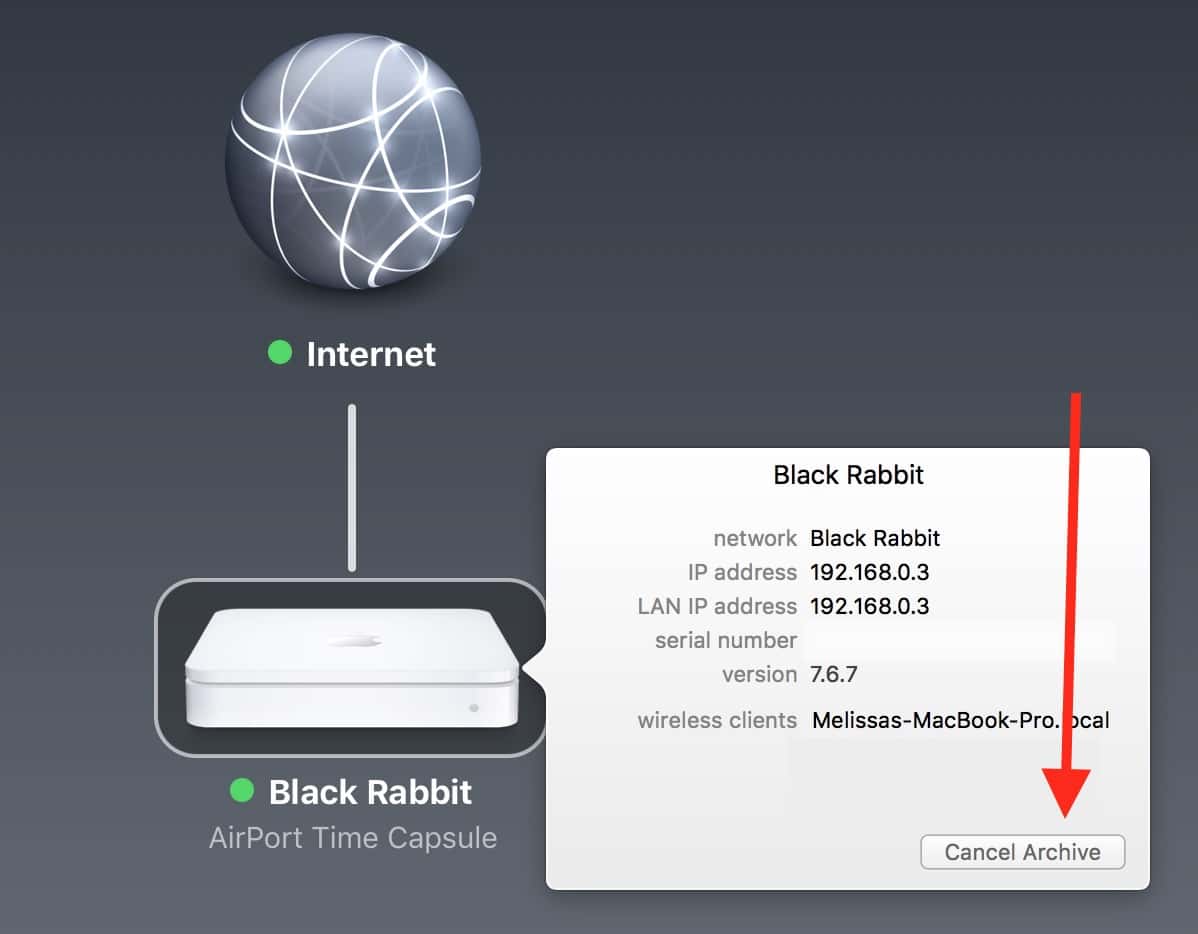 AirPort Utility includes a Time Capsule Cancel Archive option