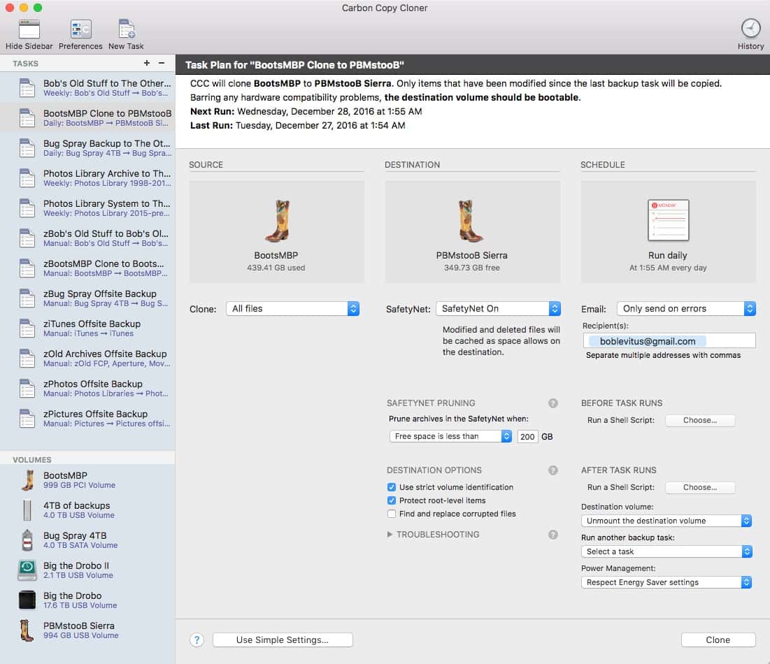 Carbon Copy Cloner clones (backs up) my startup disk nightly and my media folders weekly.