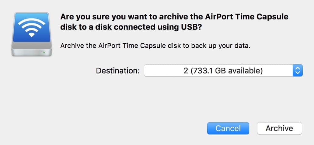 Confirming your Time Machine archive destination in AirPort Utility
