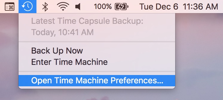 macOS Time Machine Preferences from the menu bar