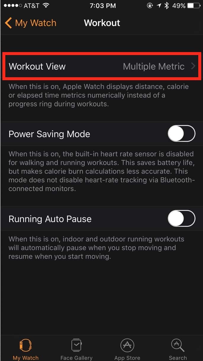 Apple Watch Workout View settings in iPhone Watch app