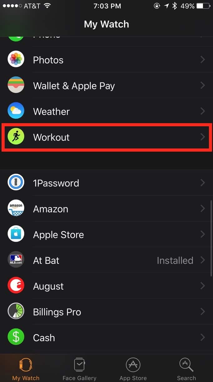 Apple Watch Workout settings in iPhone Watch app