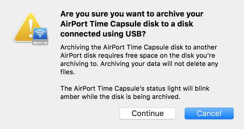 AirPort Utility dialog warning the Time Machine archive will overwrite the destination disk