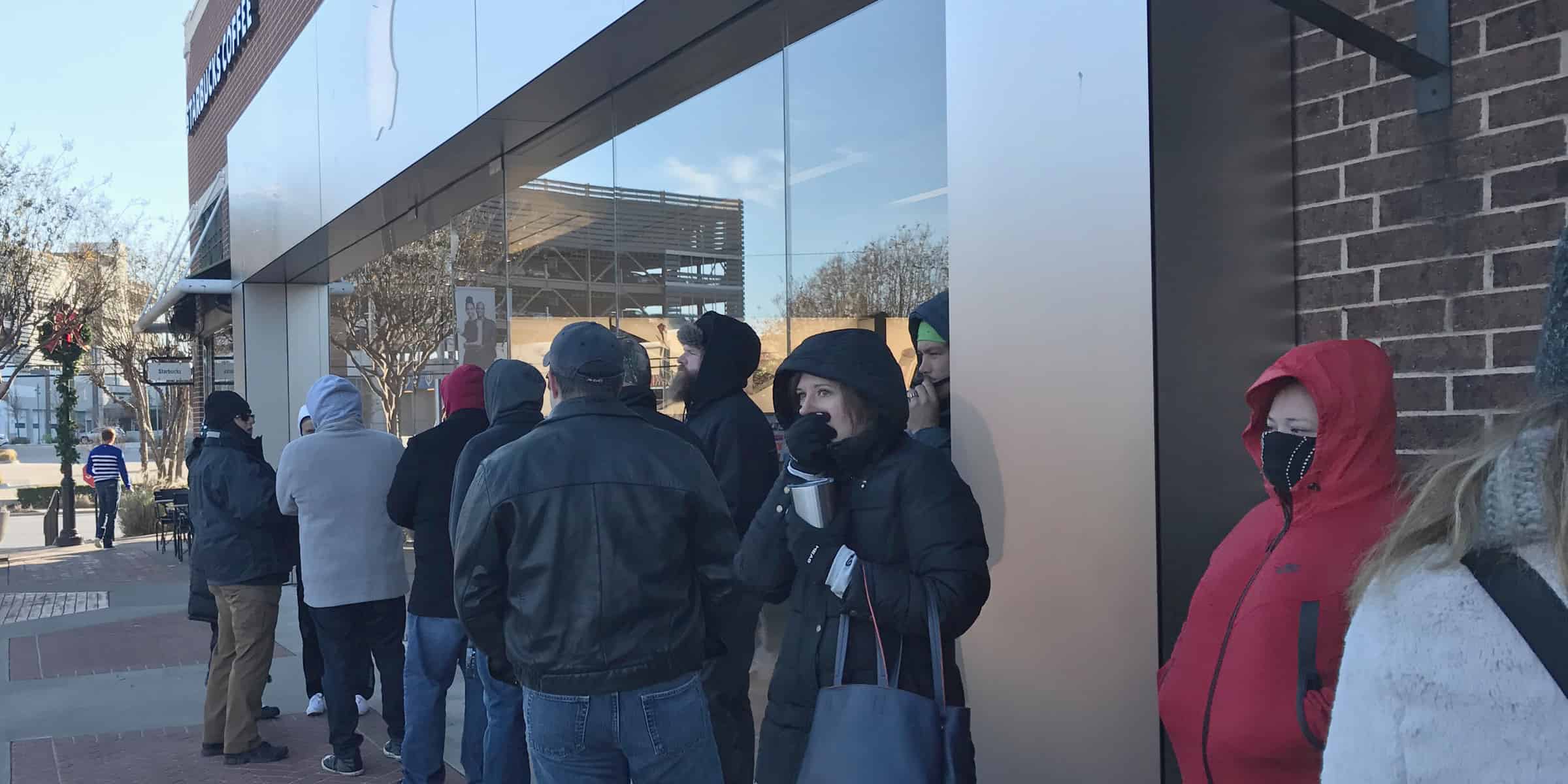 Line outside University Park Village Apple Store in Fort Worth, Texas, for AirPods