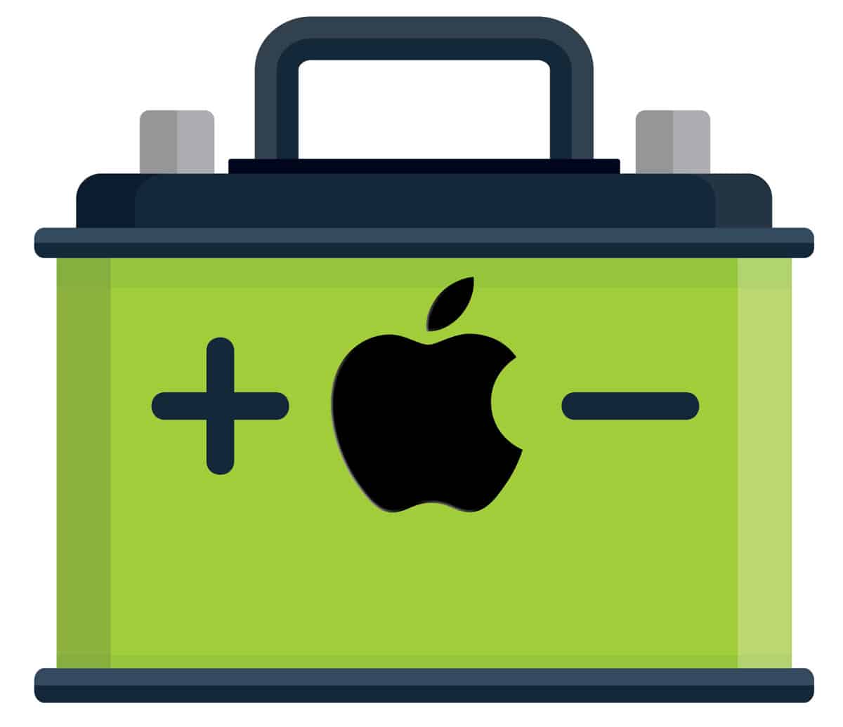 A stylized car battery with an Apple logo