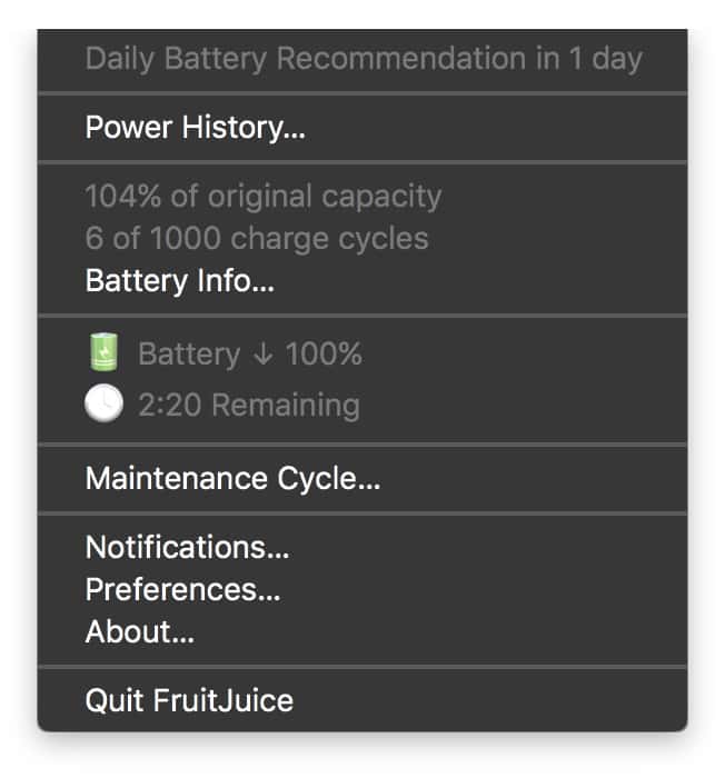 FruitJuice menu bar widget showing time remaining estimate for MacBook Pro battery charge