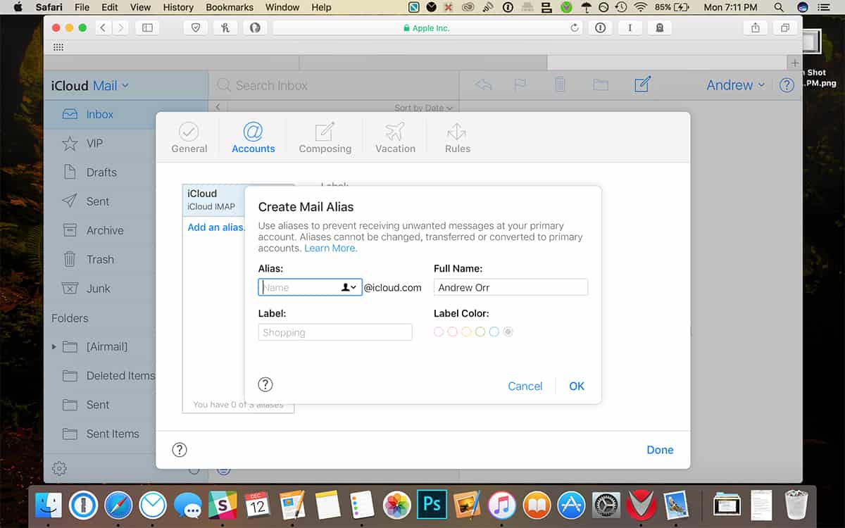 iCloud mail preferences