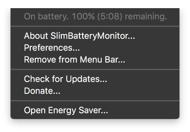 SlimBatteryMonitor showing charge remaining time estimate in the Mac menu bar