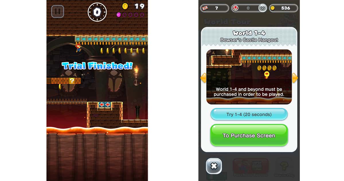Super Mario Run lets you play levels for 20 seconds after you complete the first thee