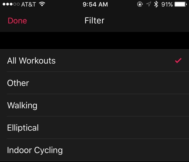 Filtering workouts in iOS Activity app