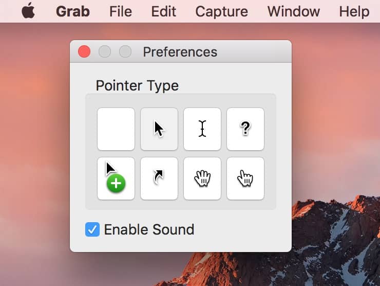 macOS Grab app Preferences showing pointer types