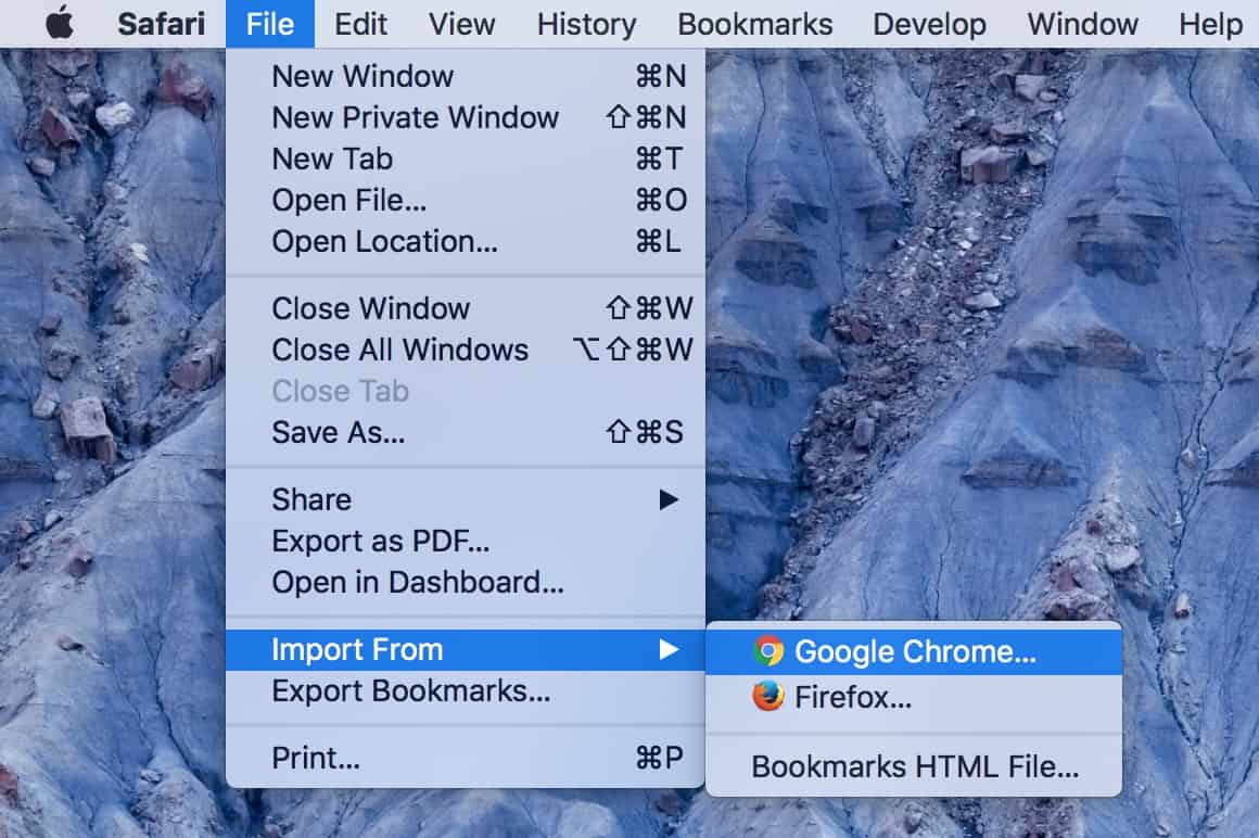 Import From menu option Safari on the Mac