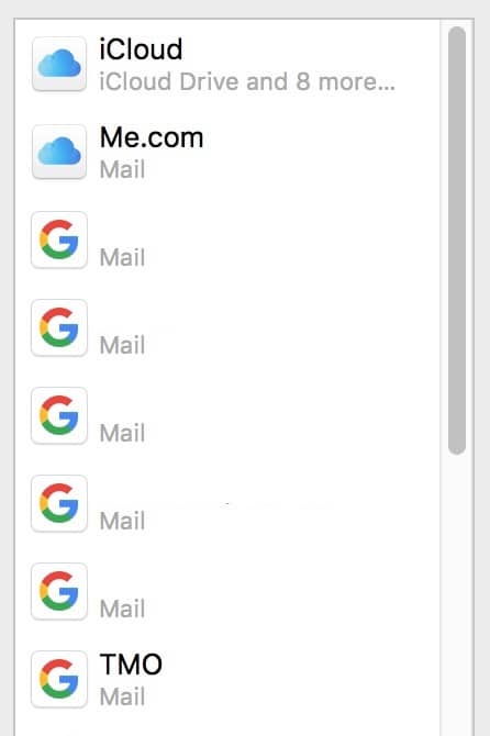 Internet Accounts listing on the Mac