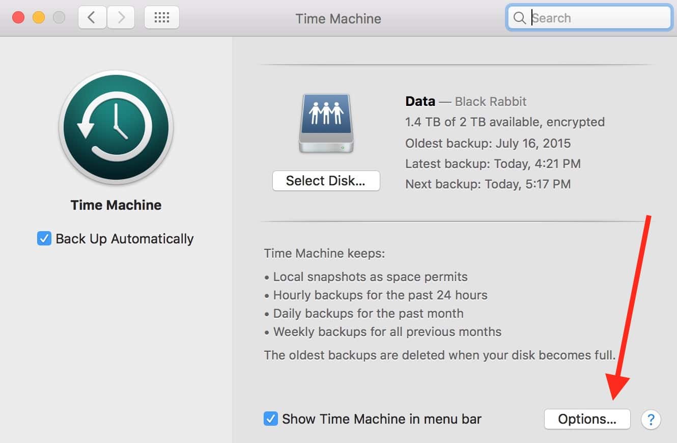 Options Button for macOS Time Machine.