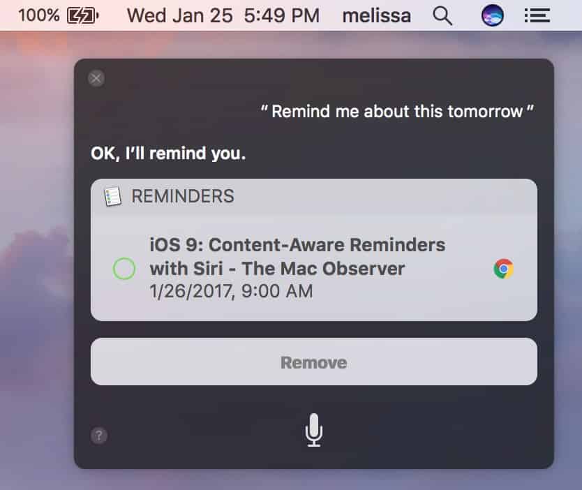Siri creating a Webpage Reminder in macOS Sierra