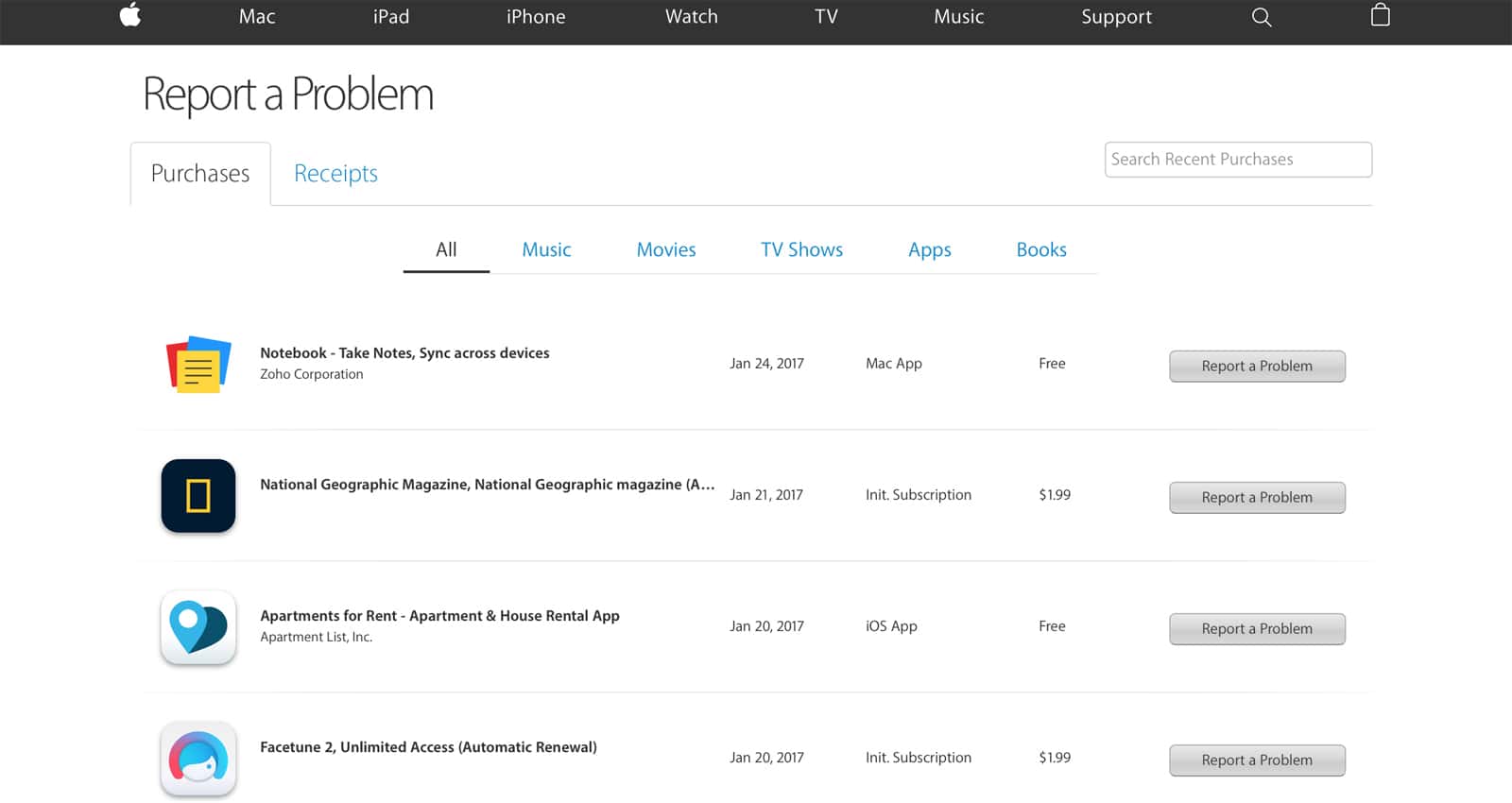 Report Problem iTunes Purchases through Apple’s Website