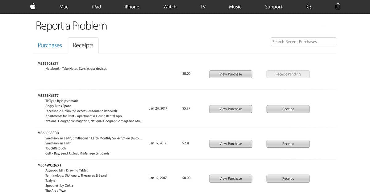 apple report receipts