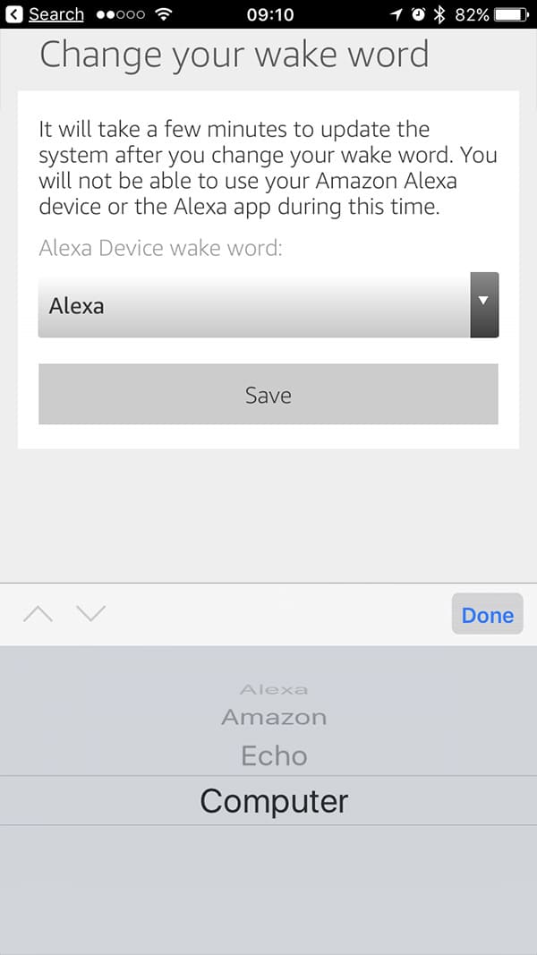 Echo and Echo Dot Wake Word list in the iPhone Alexa app