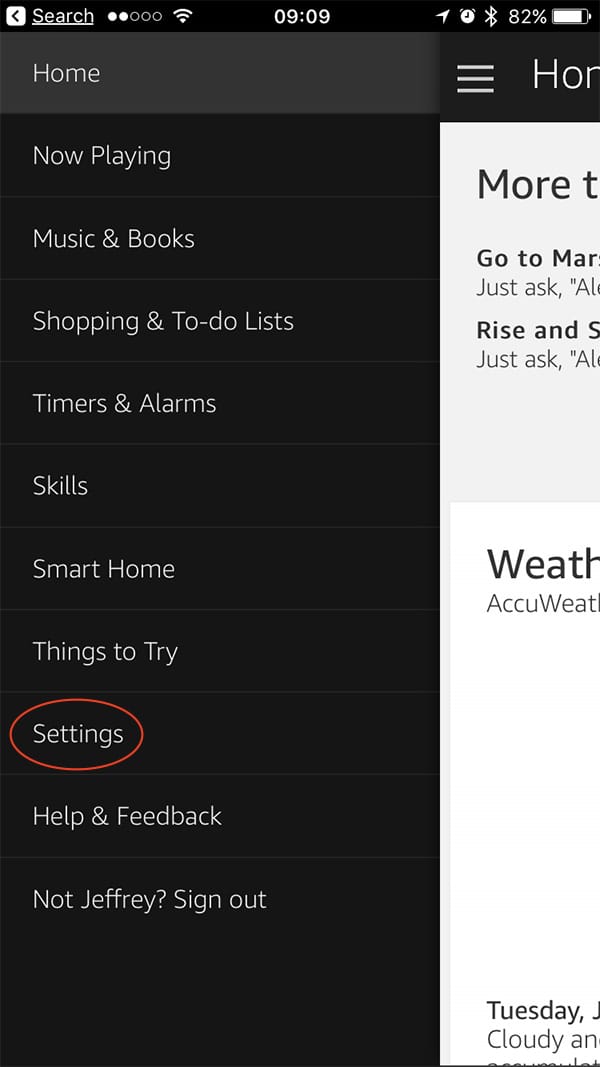 Alexa app settings options on the iPhone