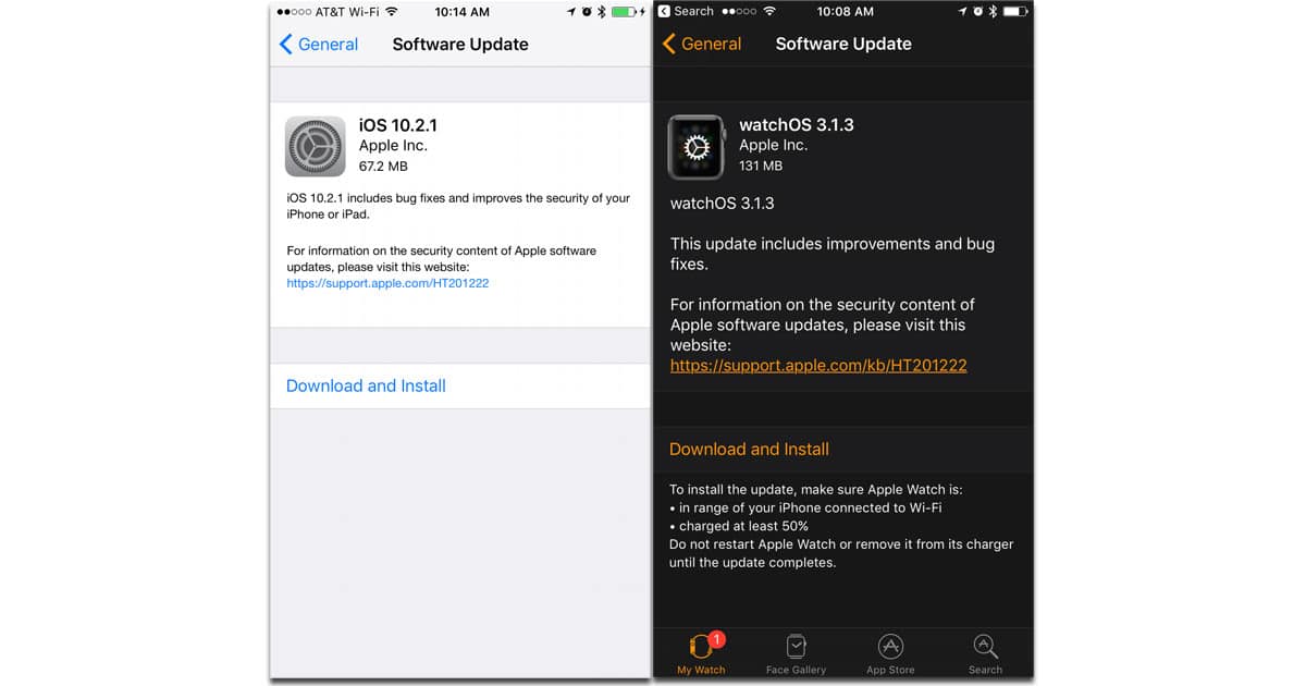 Screenshots for iOS 10.2.1 and watchOS 3.1.1