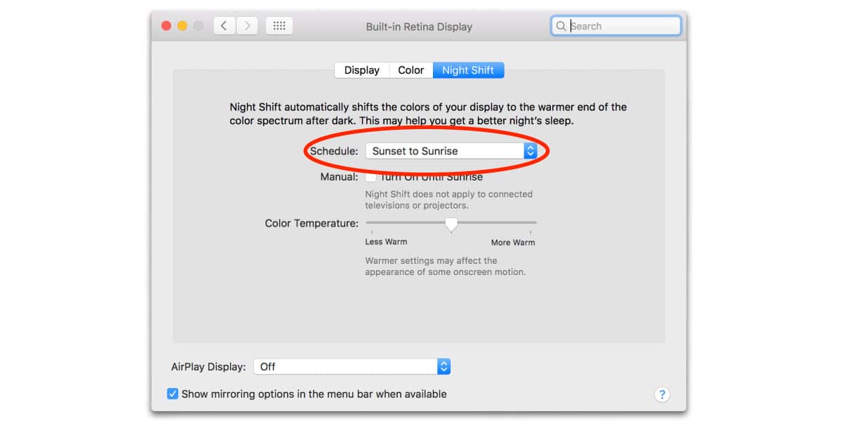 Go to Displays in System Preferences to manage Night Shift settings