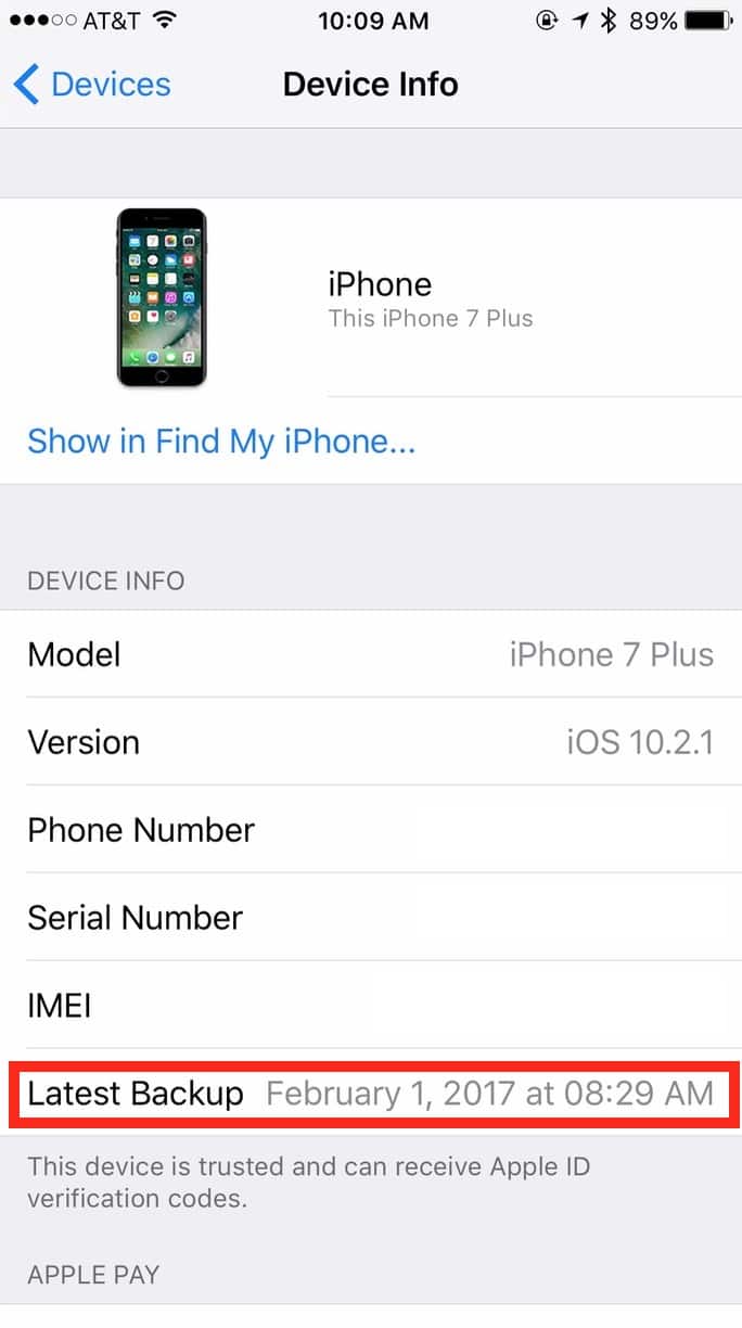 iPhone iCloud Device Info showing last Backup Date