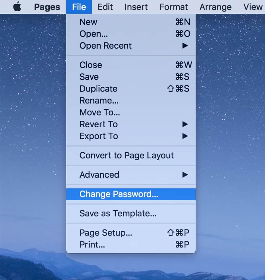 Pages File menu option to Change Password for a document