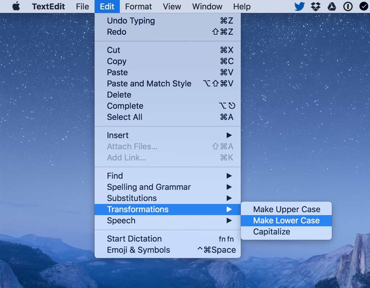 macOS Edit Transformations menu option in TextEdit