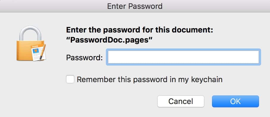 Password Prompt to unlock Pages document