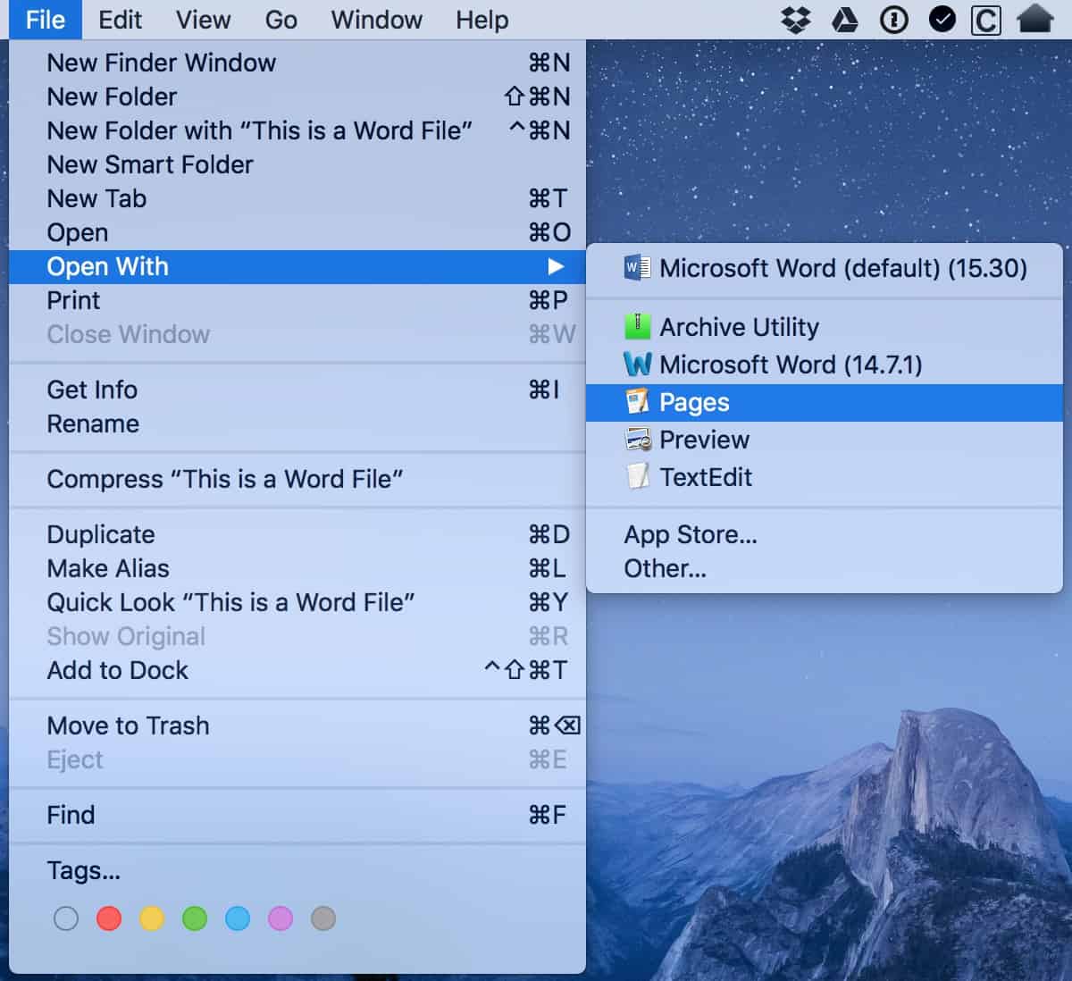 macOS File Menu showing Open With