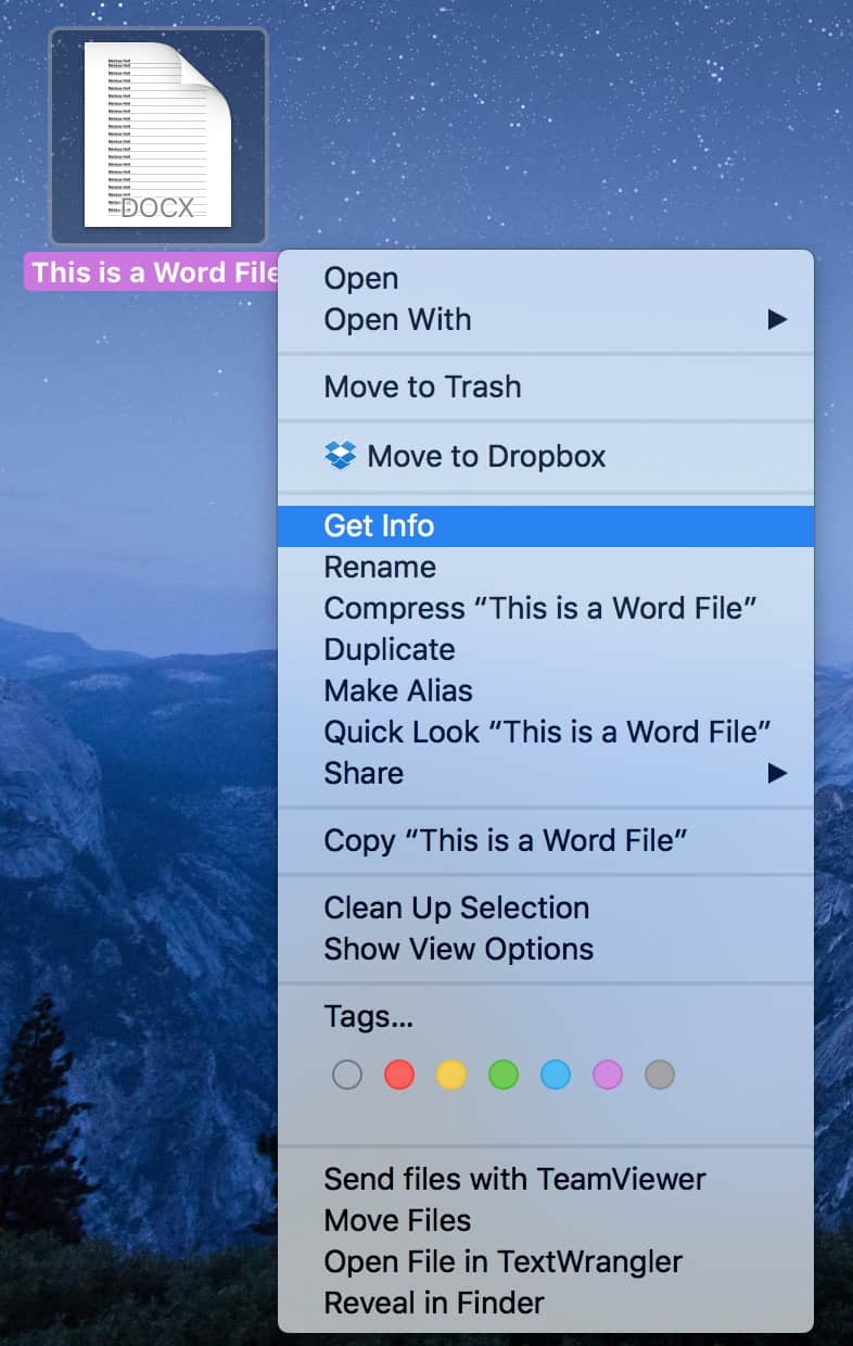 macOS Get Info Menu for documents