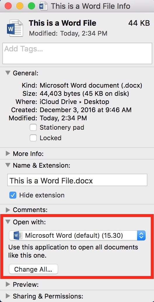 Open With from Info Window showing Microsoft Word document