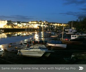 A marina at night, shot with NightCap Pro