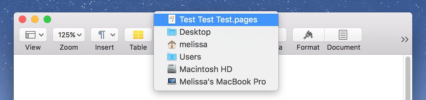 Command-Click macOS document Title Bar to see its path