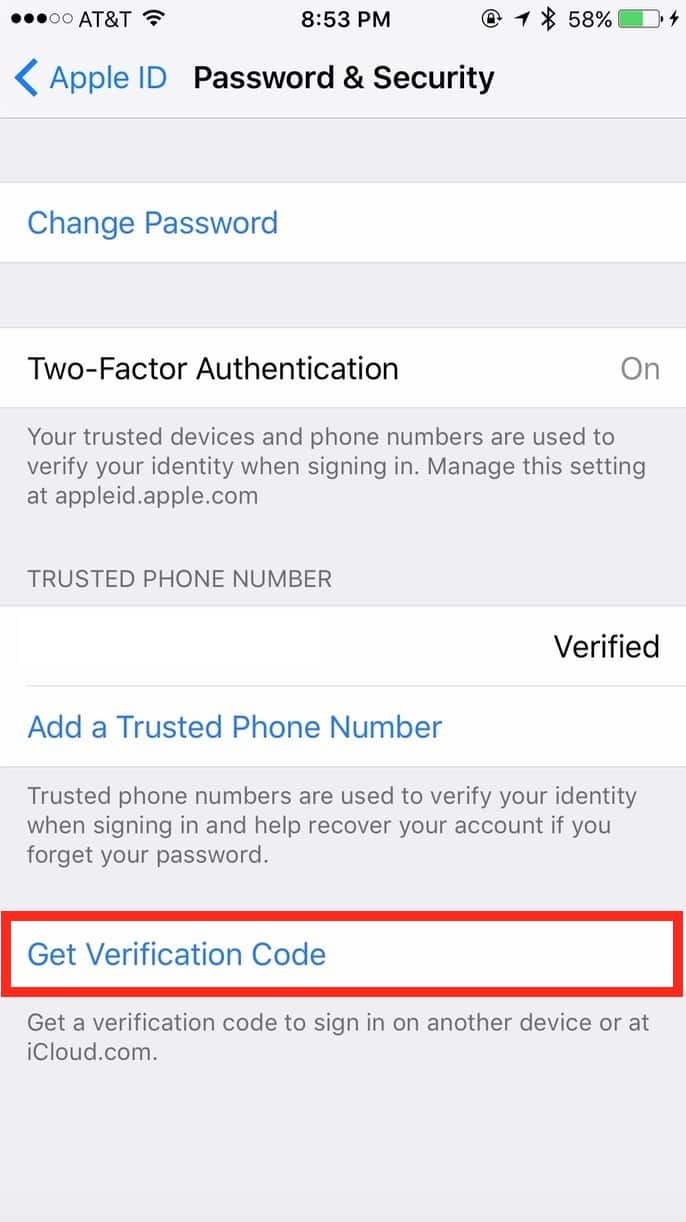 Get Verification Code option iniOS iCloud Apple ID Password & Security settings
