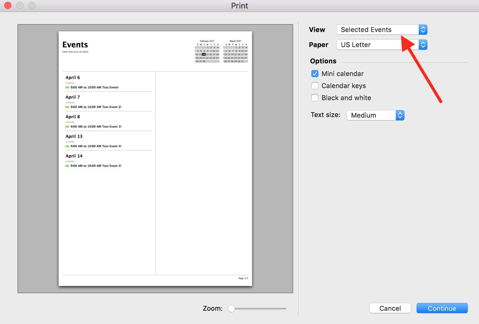 macOS Calendar Print Dialog