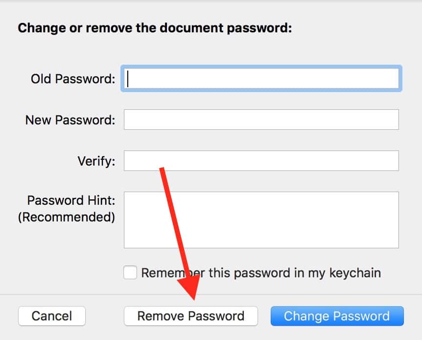 Remove Password button in Pages document change password dialog