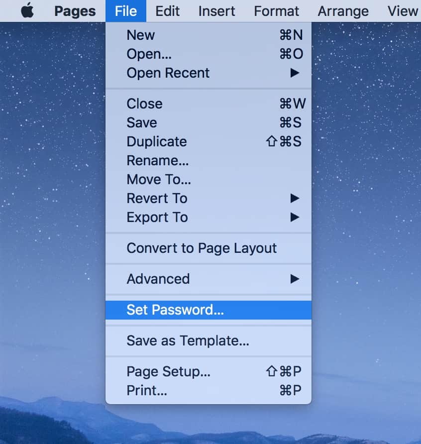 Set Password menu option in Pages for macOS