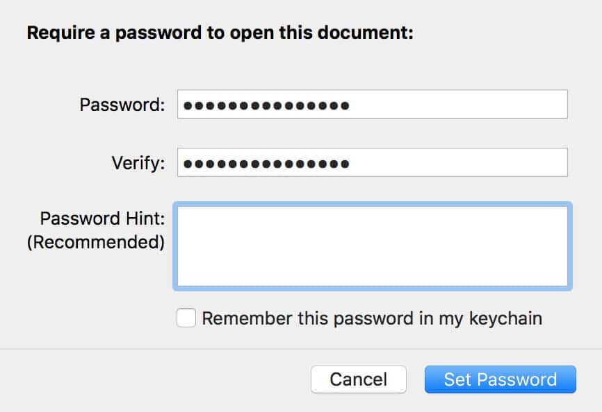Set Password dialog box in Pages for macOS