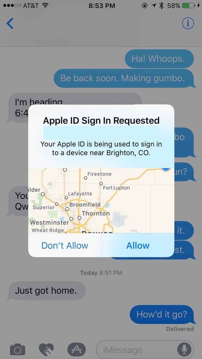 Apple ID Sign-In Requested Box for two-factor authentication