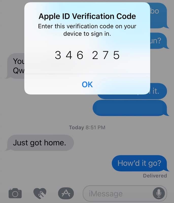 Apple ID two-factor verification code displayed