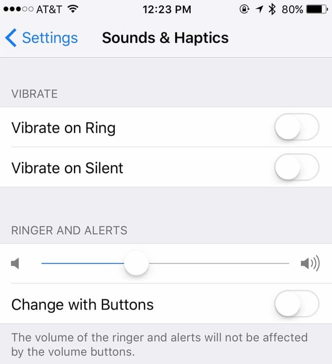 iPhone Sounds & Haptics Settings showing Vibrate on Ring and Vibrate on Silent options