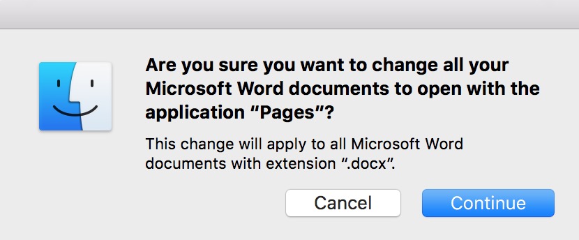 Warning about changing the default app for Word documents to Pages