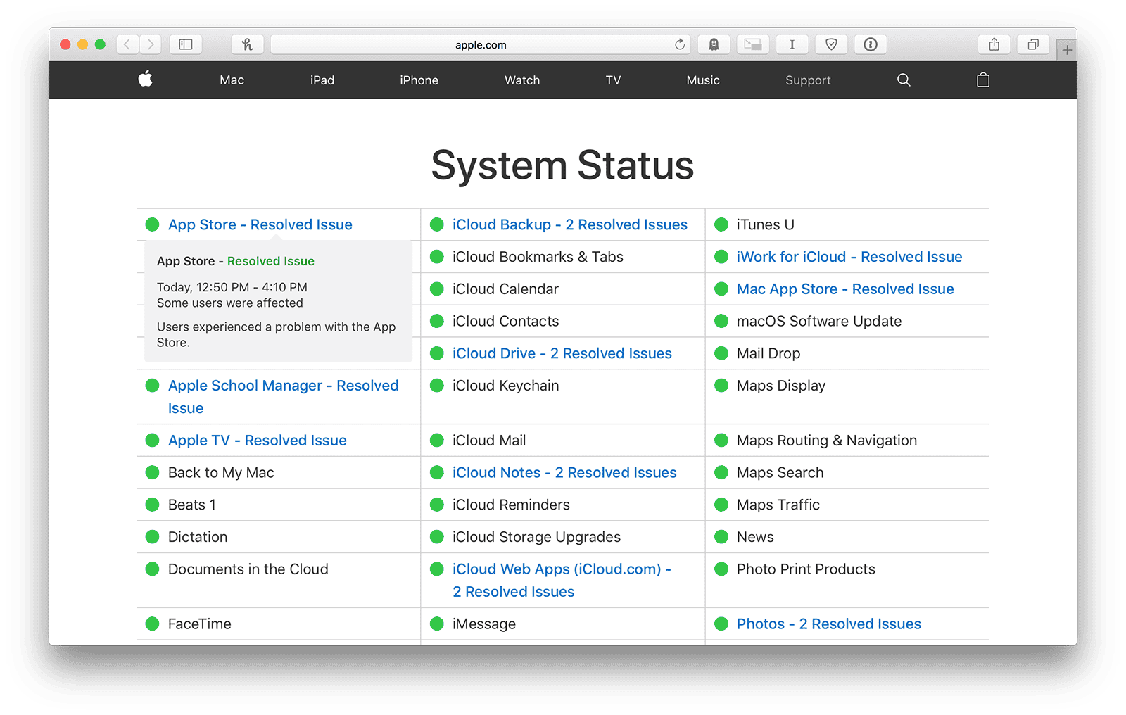 new apple system status page