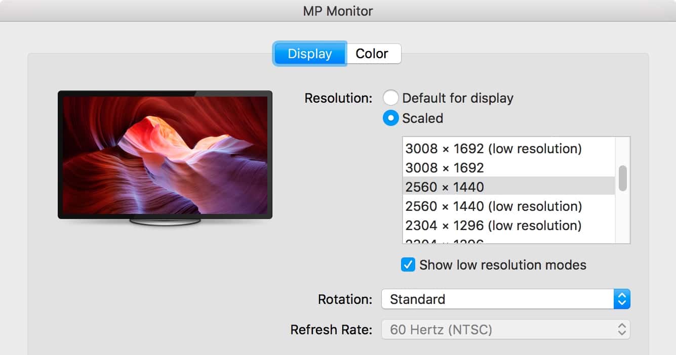 macOS System Preferences Displays Low Resolution options
