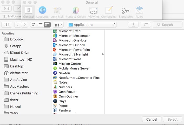 The Finder window for selecting your default email client