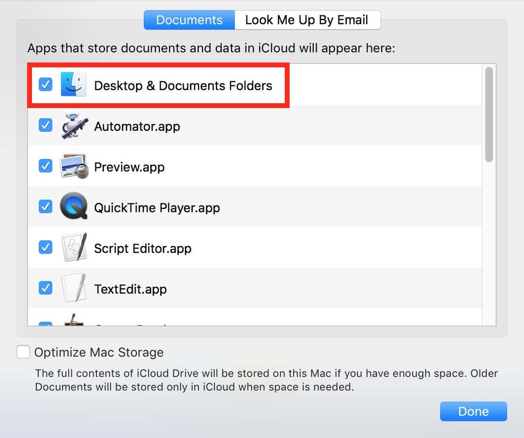 Turn off Desktop & Documents Folders syncing in iCloud Drive Options settings