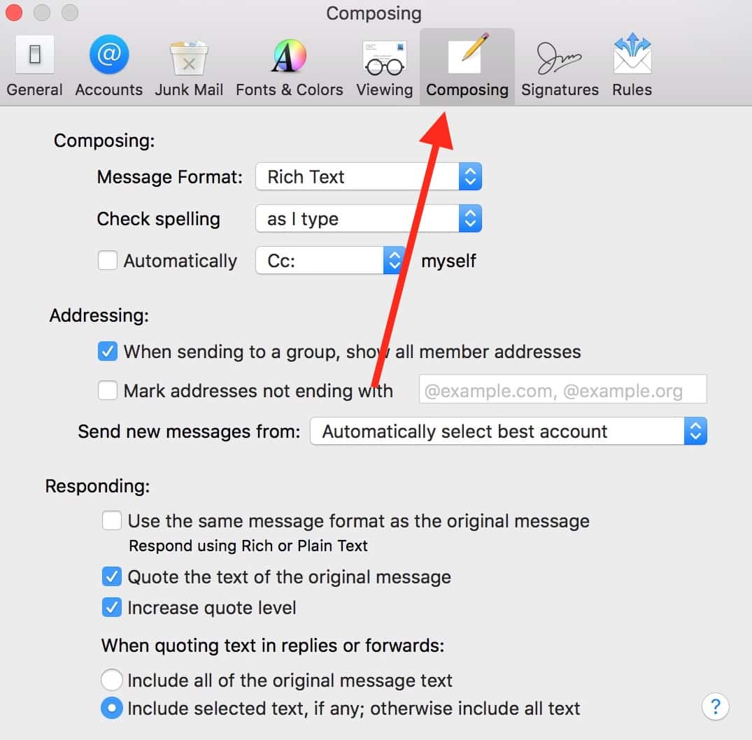 Use the Composing Tab in Mail Preferences to access your settings for sending messages